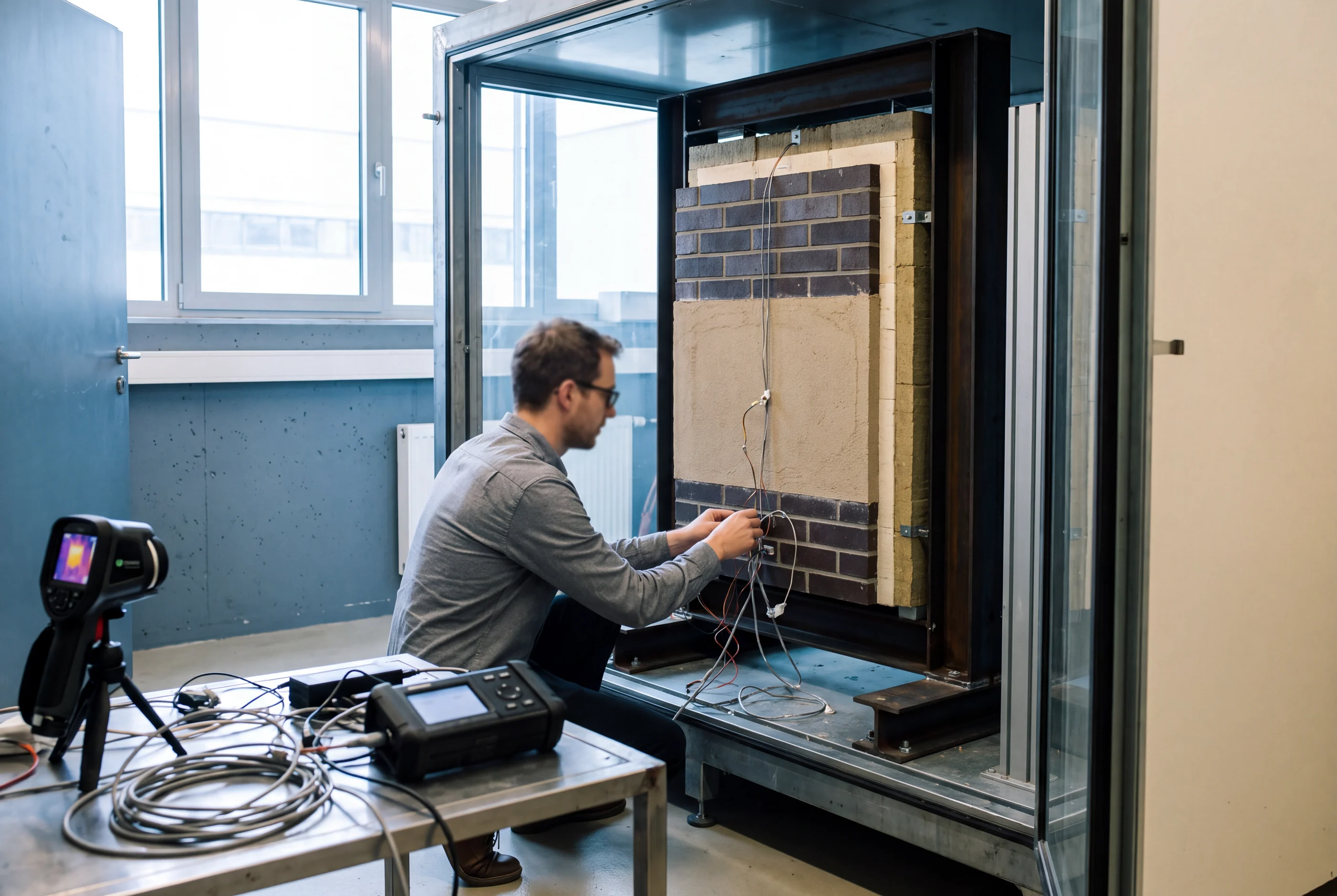 Researcher wiring sensors on a facade test panel in a building-physics laboratory
