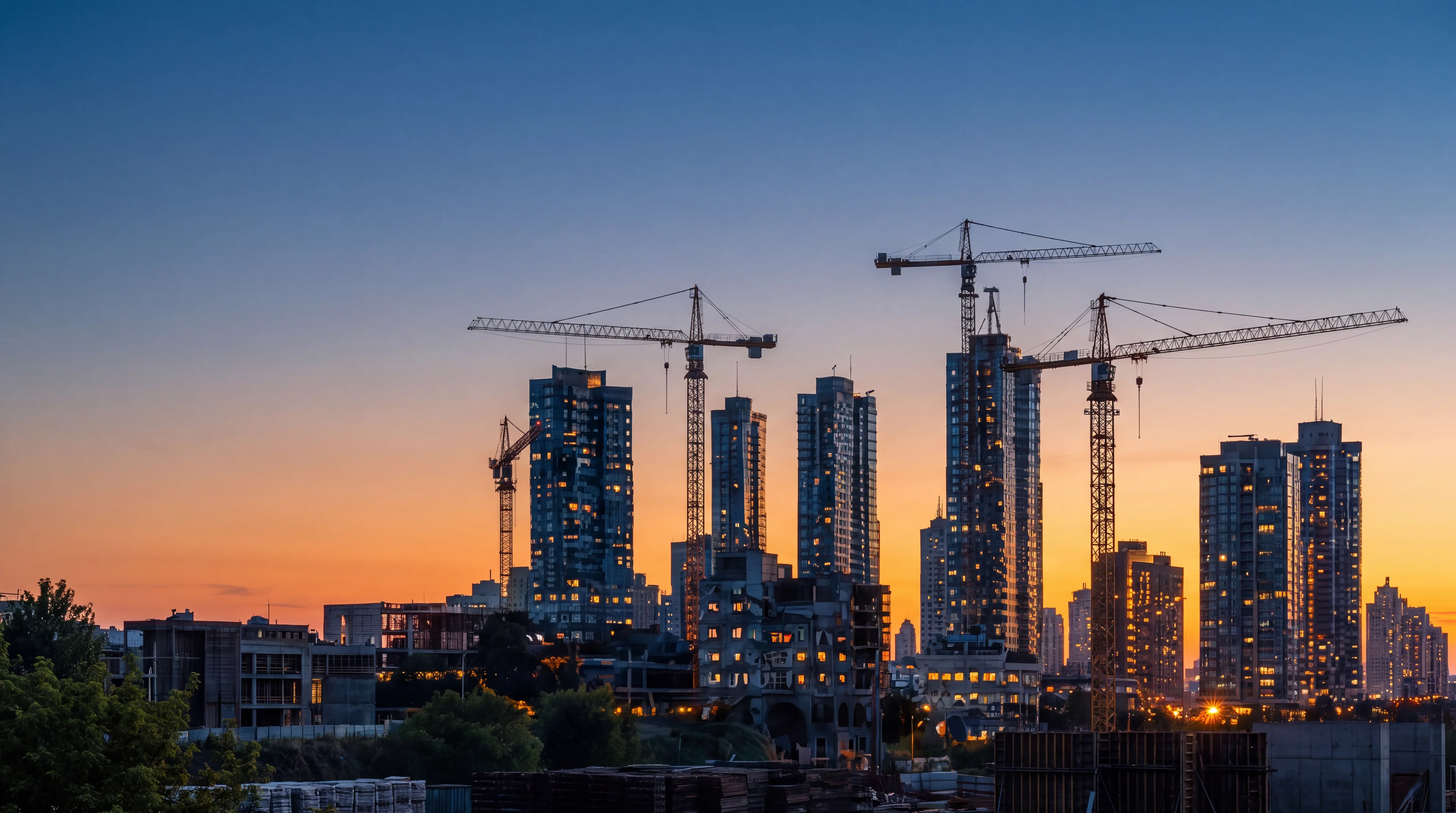 City skyline with construction cranes at sunset